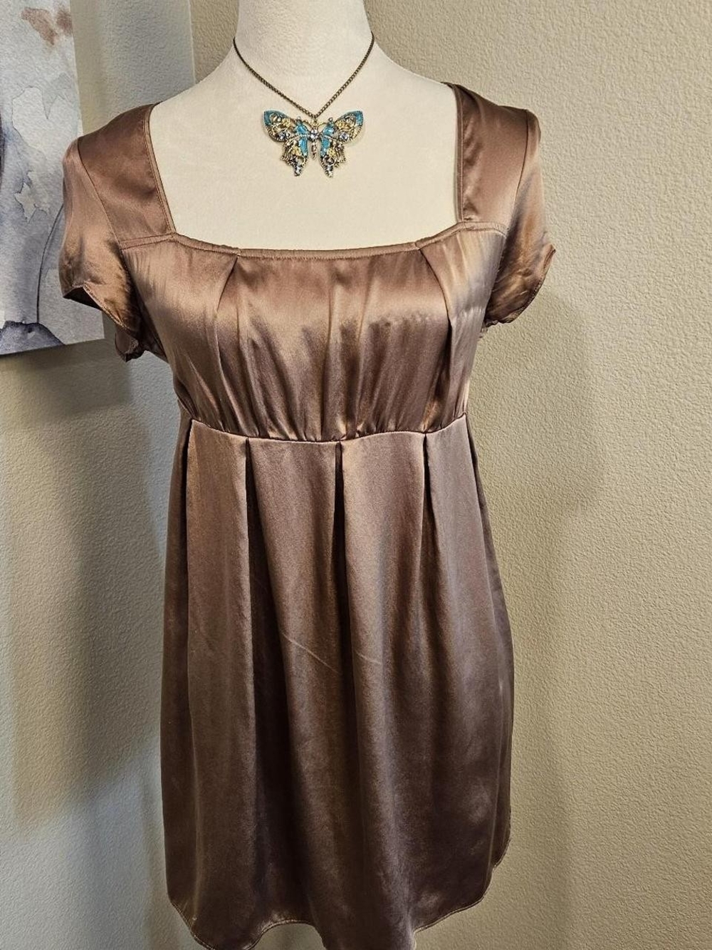 E-col-o-gie Brown Silk Square Neck Cap Sleeve Babydoll Blouse Y2k Tie Back Sz 8